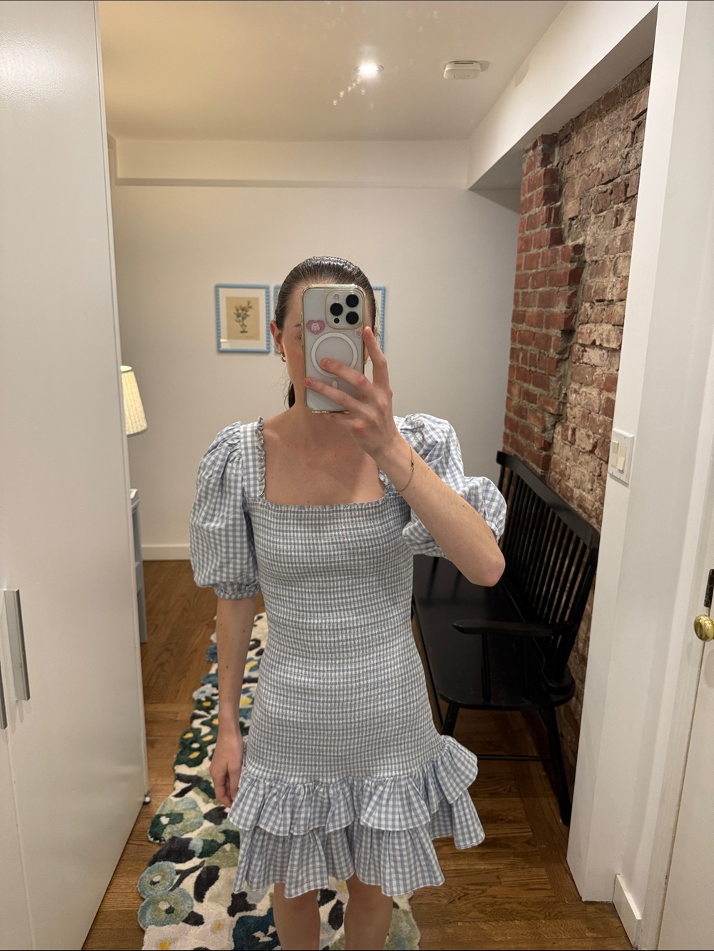 Light Blue Gingham Puff-Sleeve Mini Dress with Ruffle Hem